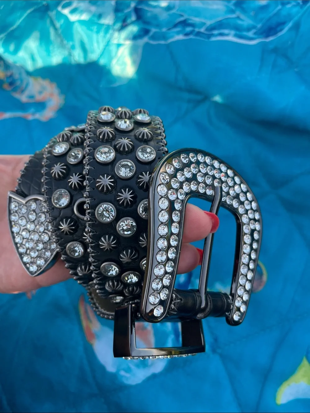 B.B. Simon Black Leather Belt with Crystal-Studded Buckle
